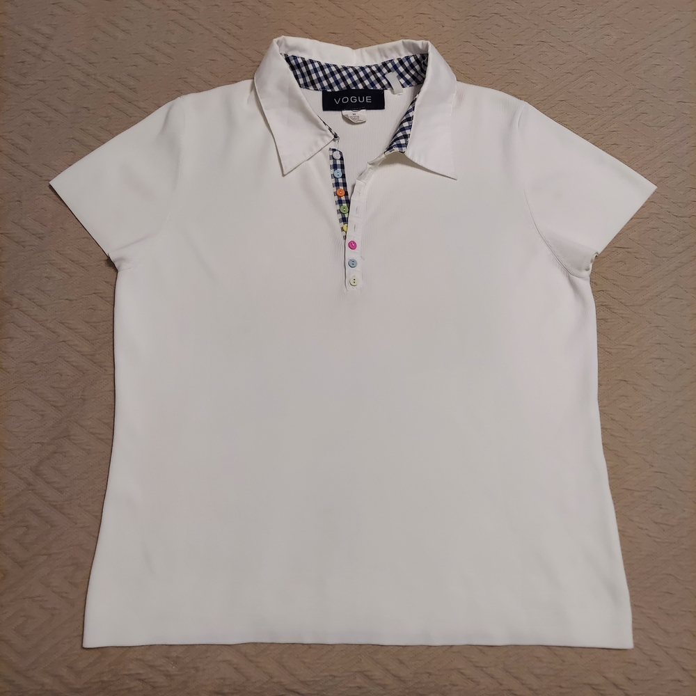VTG Vogue Women's White Polo Button Front Collared Short Sleeve Shirt Size M